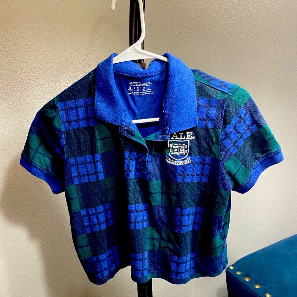 Teen Girl Crop Top Yale Shirt Green/Blue W/ Buttons Good Condition Fast Shipping